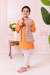 Boys Orange Grey Floral Print Jacket with Kurta and Pajama