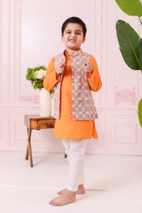 Boys Orange Grey Floral Print Jacket with Kurta and Pajama