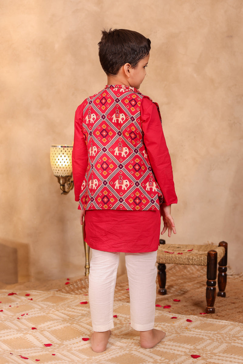 Boys Red Elephant Print Jacket with Red Kurta and Pajama