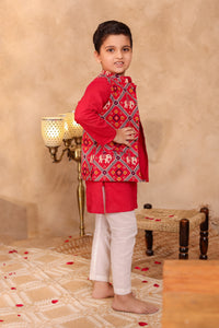 Boys Red Elephant Print Jacket with Red Kurta and Pajama