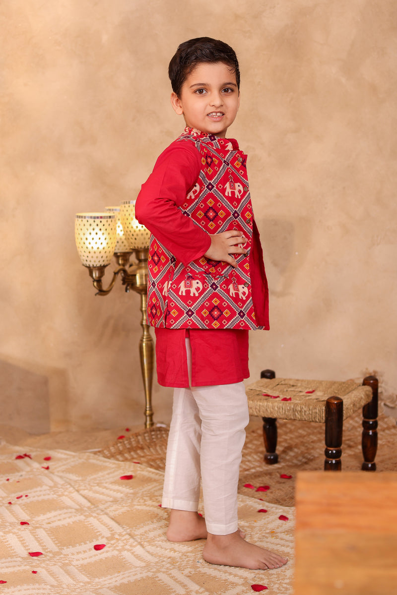 Boys Red Elephant Print Jacket with Red Kurta and Pajama