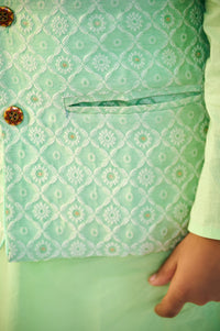 Boys Mint Green Kurta with Self Weave Silk Jacket and Pajama