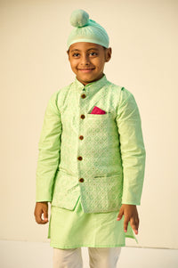 Boys Mint Green Kurta with Self Weave Silk Jacket and Pajama