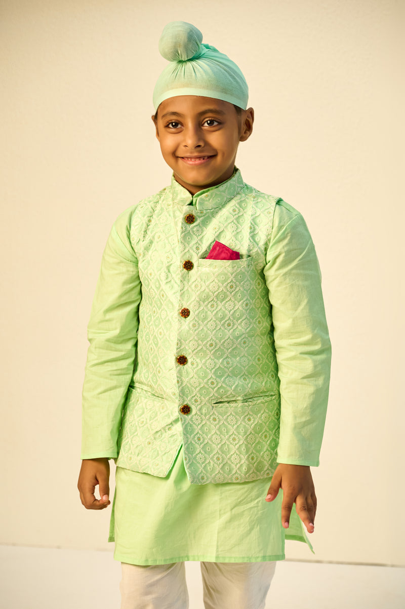 Boys Mint Green Kurta with Self Weave Silk Jacket and Pajama