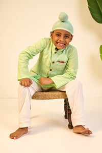 Boys Mint Green Kurta with Self Weave Silk Jacket and Pajama