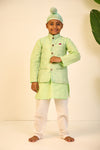 Boys Mint Green Kurta with Self Weave Silk Jacket and Pajama