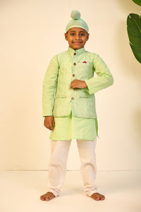 Boys Mint Green Kurta with Self Weave Silk Jacket and Pajama