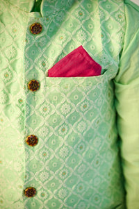 Boys Mint Green Kurta with Self Weave Silk Jacket and Pajama