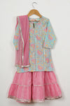 Girls Skyblue Floral Kurti With Pink Sharara And Dupatta