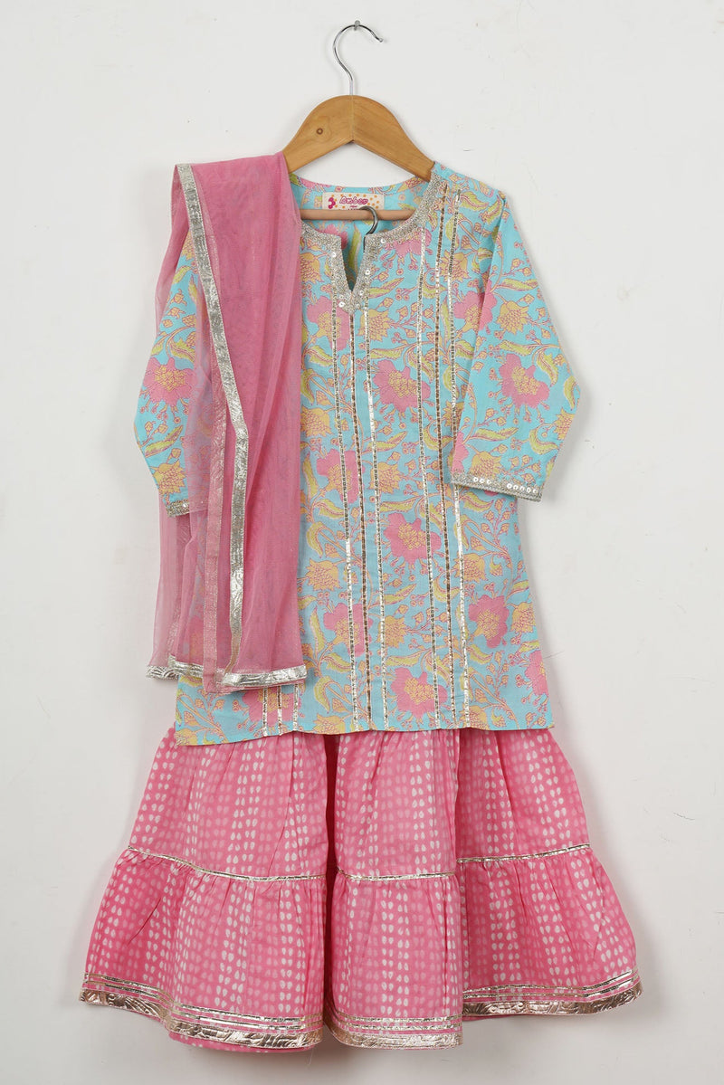 Girls Skyblue Floral Kurti With Pink Sharara And Dupatta