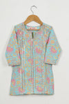 Girls Skyblue Floral Kurti With Pink Sharara And Dupatta