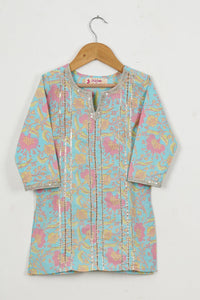 Girls Skyblue Floral Kurti With Pink Sharara And Dupatta