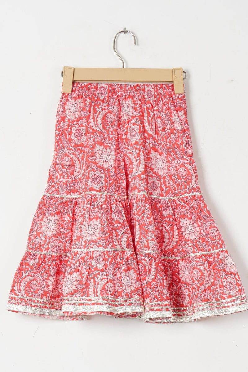 Girls Peach Floral Kurti With Peach Floral Sharara And Dupatta