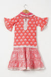 Girls Peach Floral Kurti With Peach Floral Sharara And Dupatta