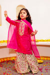 Girls’ Maroon Embroidered Kurti Set with Sharara & Dupatta