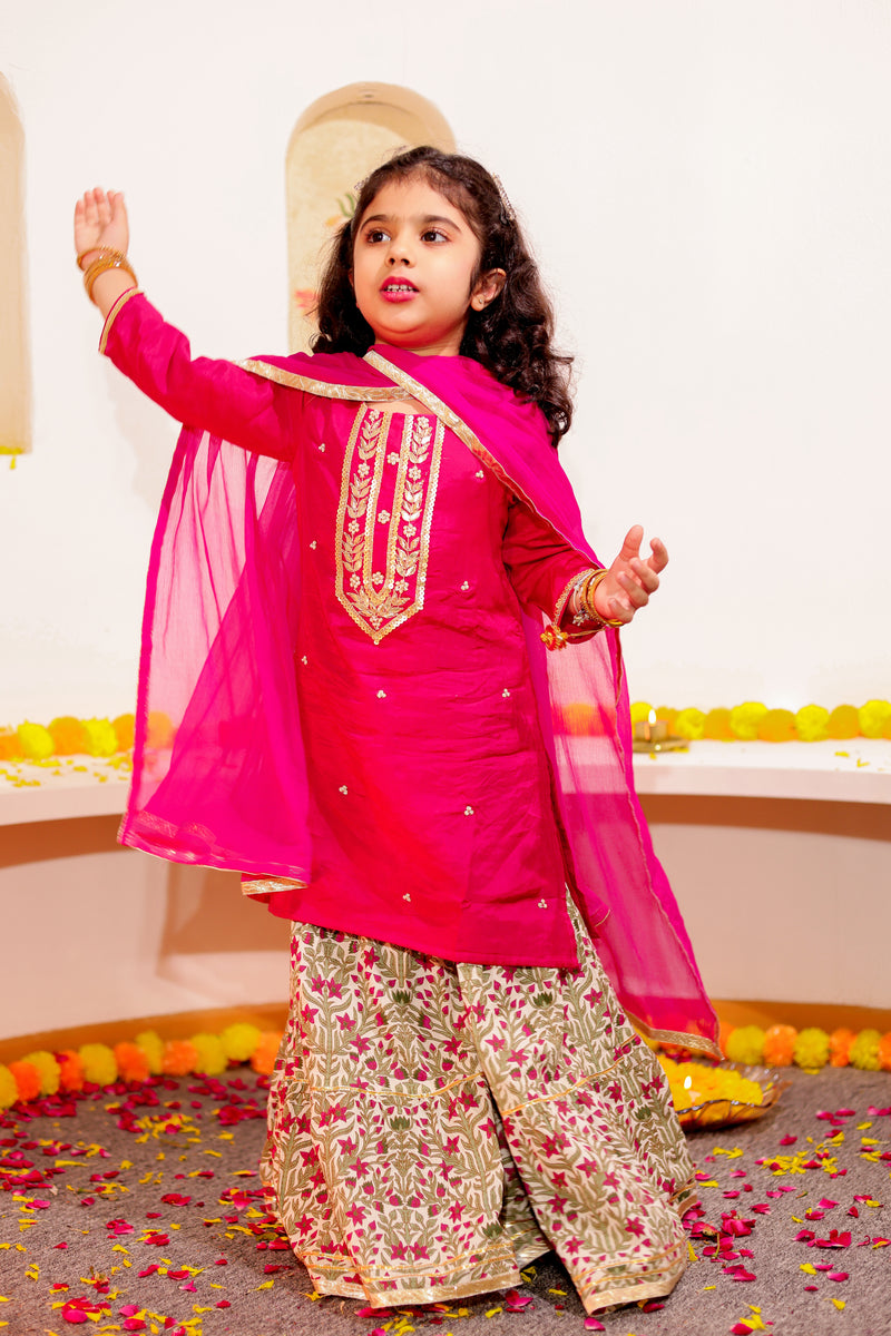 Girls’ Maroon Embroidered Kurti Set with Sharara & Dupatta