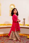 Girls’ Maroon Embroidered Kurti Set with Sharara & Dupatta
