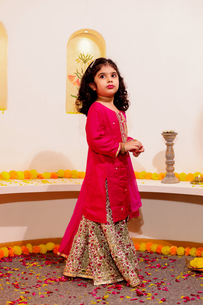 Girls’ Maroon Embroidered Kurti Set with Sharara & Dupatta