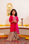 Girls’ Maroon Embroidered Kurti Set with Sharara & Dupatta