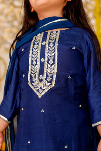 Girls Blue Embroidered Kurti with Sharara & Dupatta