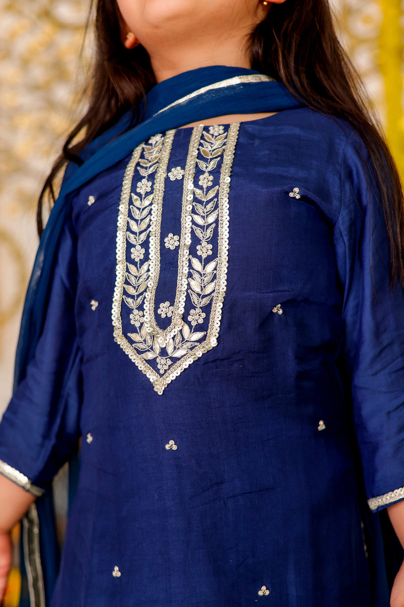 Girls Blue Embroidered Kurti with Sharara & Dupatta
