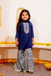 Girls Blue Embroidered Kurti with Sharara & Dupatta