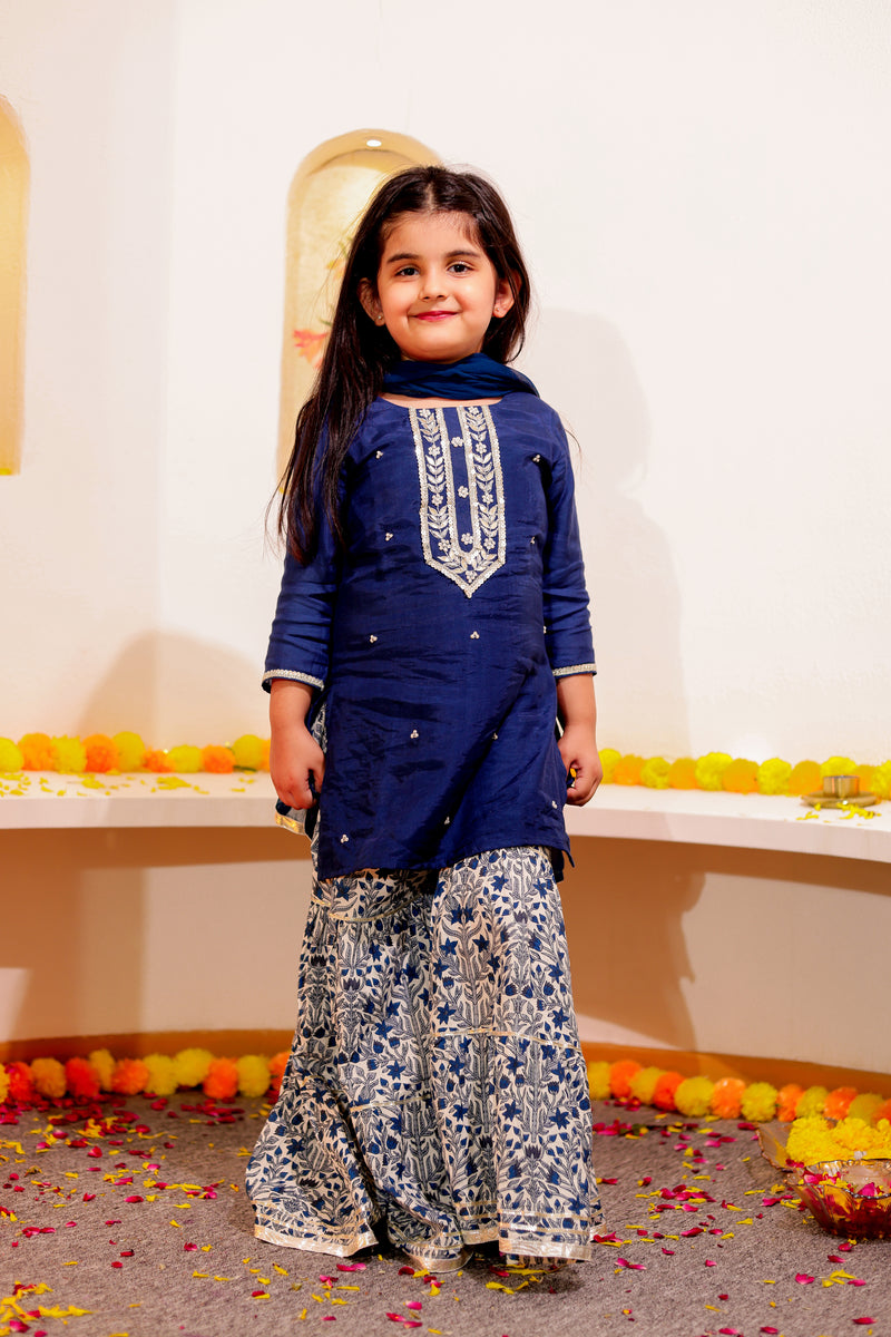 Girls Blue Embroidered Kurti with Sharara & Dupatta