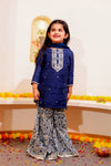 Girls Blue Embroidered Kurti with Sharara & Dupatta