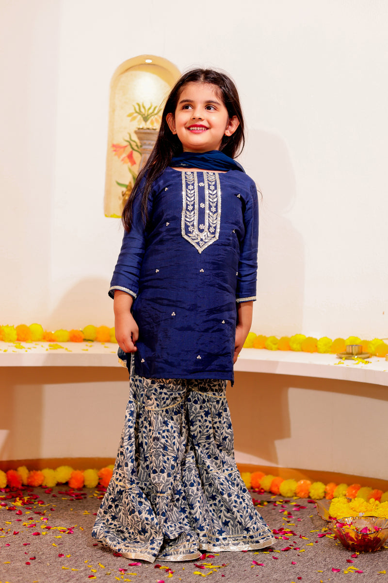 Girls Blue Embroidered Kurti with Sharara & Dupatta