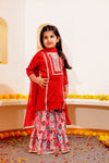 Girls Red Silk Kurti with Ikat Sharara & Dupatta