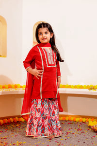 Girls Red Silk Kurti with Ikat Sharara & Dupatta
