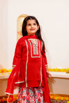 Girls Red Silk Kurti with Ikat Sharara & Dupatta