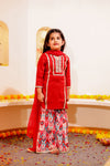 Girls Red Silk Kurti with Ikat Sharara & Dupatta