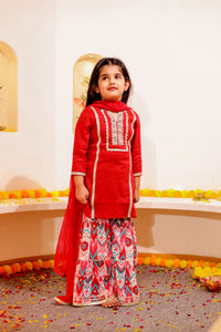 Girls Red Silk Kurti with Ikat Sharara & Dupatta