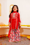Girls Red Silk Kurti with Ikat Sharara & Dupatta