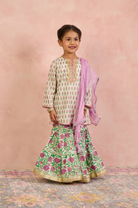 A young girl modeling a traditional Indian outfit consisting of a cream kurta with green and pink floral prints, a matching green flared skirt with pink floral prints and gold borders, and a light pink dupatta, set against a textured pink backdrop.
