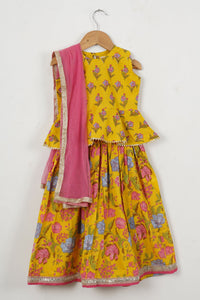 Girls Yellow Peplum Top With Yellow Floral Lehenga And Dupatta