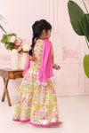 Girls Pink & Green Mughal Print Lehenga with Blouse & Dupatta