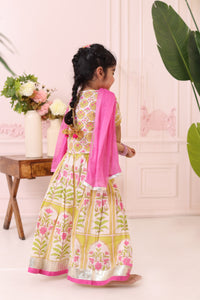 Girls Pink & Green Mughal Print Lehenga with Blouse & Dupatta