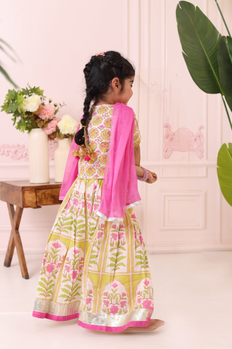 Girls Pink & Green Mughal Print Lehenga with Blouse & Dupatta