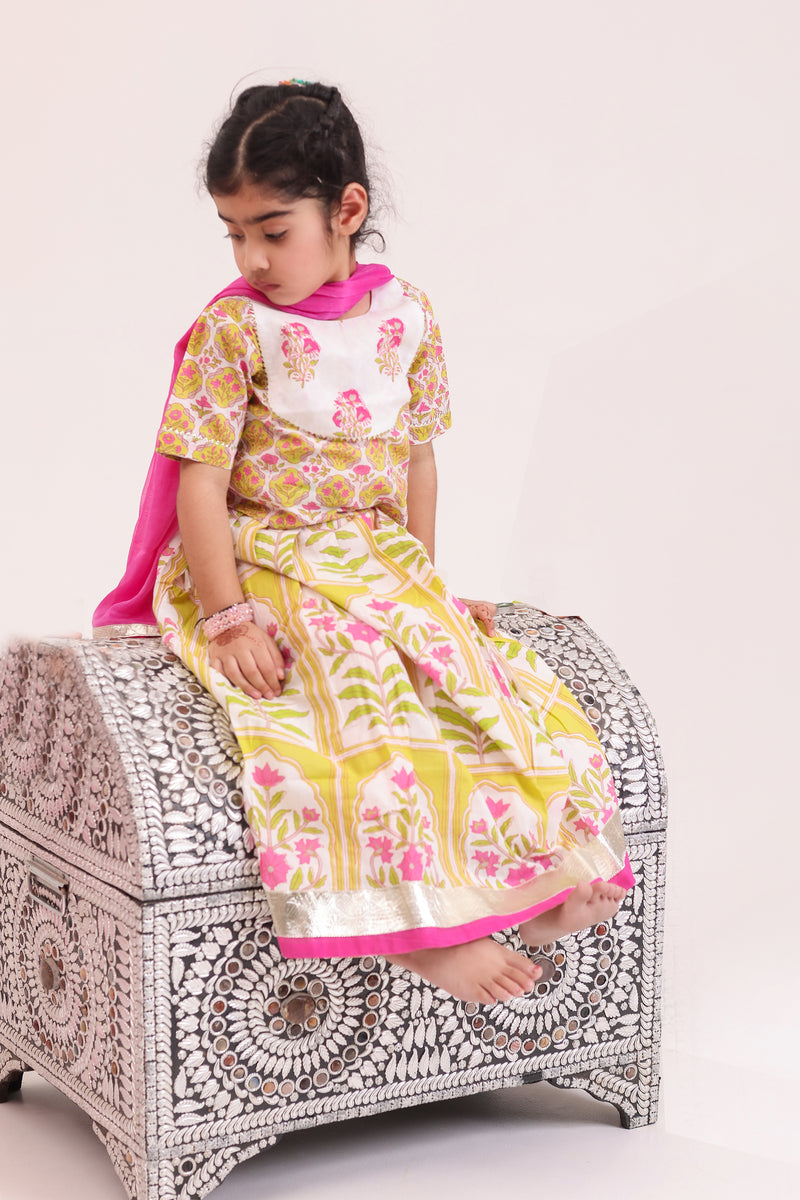 Girls Pink & Green Mughal Print Lehenga with Blouse & Dupatta