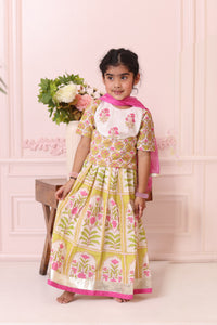 Girls Pink & Green Mughal Print Lehenga with Blouse & Dupatta