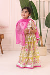 Girls Pink & Green Mughal Print Lehenga with Blouse & Dupatta