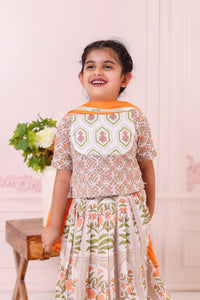 Girls Orange Mughal Print Lehenga with Blouse & Dupatta