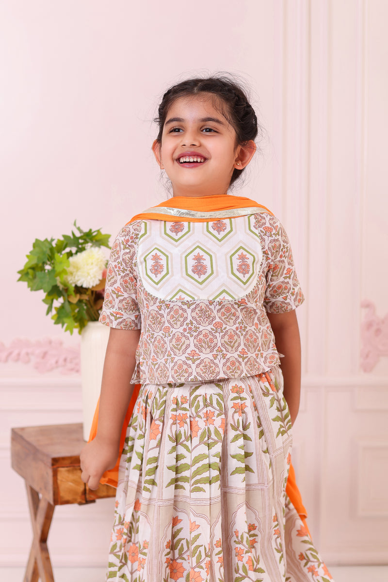 Girls Orange Mughal Print Lehenga with Blouse & Dupatta