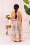 Girls Orange Mughal Print Lehenga with Blouse & Dupatta