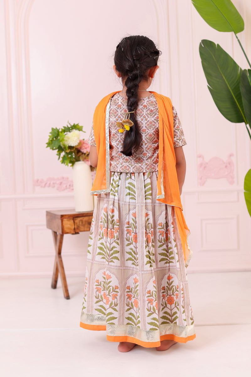 Girls Orange Mughal Print Lehenga with Blouse & Dupatta