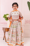 Girls Orange Mughal Print Lehenga with Blouse & Dupatta