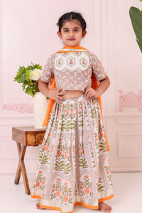 Girls Orange Mughal Print Lehenga with Blouse & Dupatta