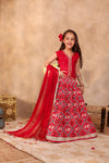 Girls Red Elephant Print Lehenga with Blouse (with sleeves) & Dupatta